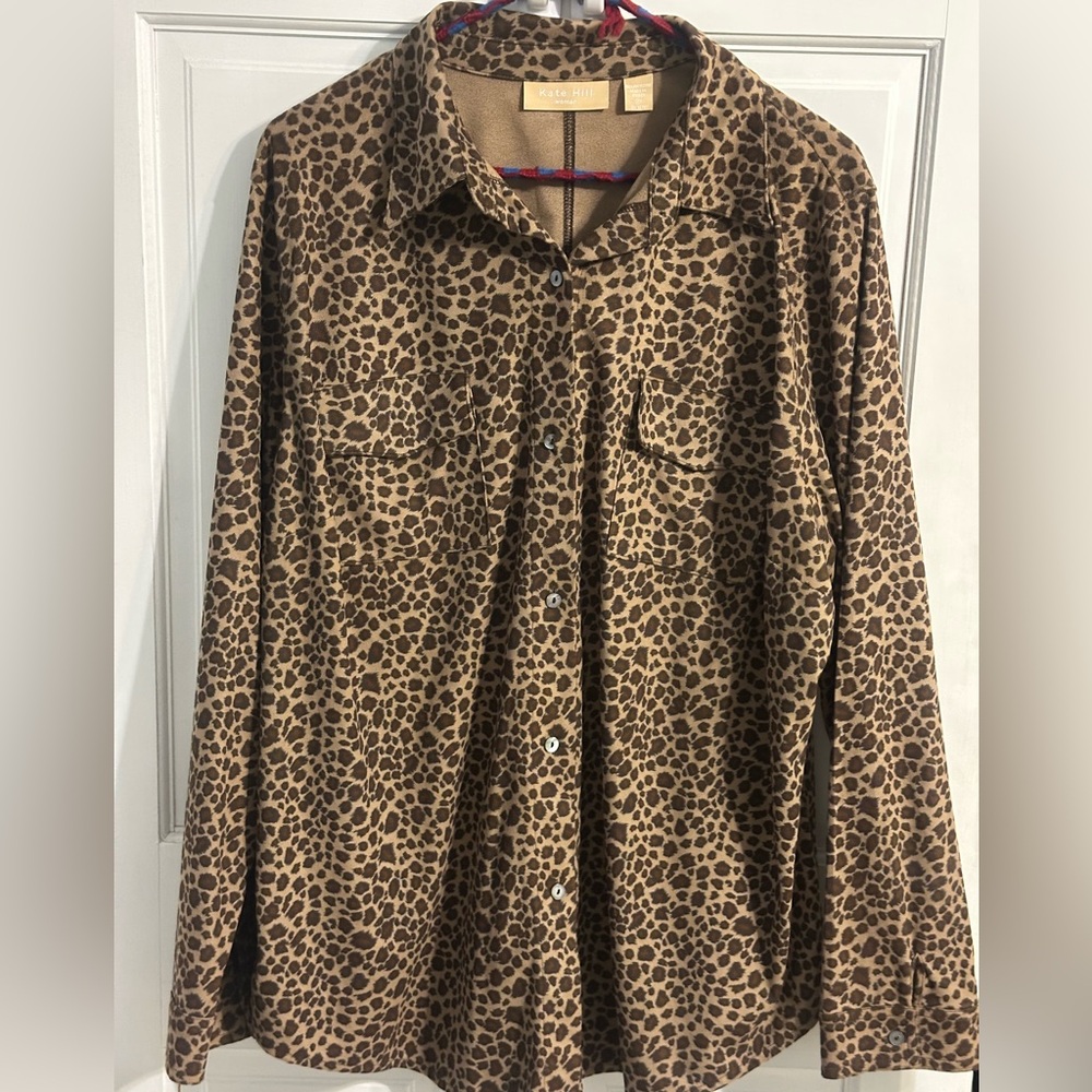 Kate Hill Leopard Print Button Front Blouse Women’s 2X Brown Black